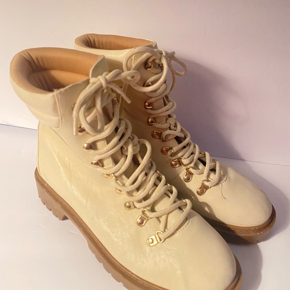 LOFT Cream Moto Combat Lace-Up Boots